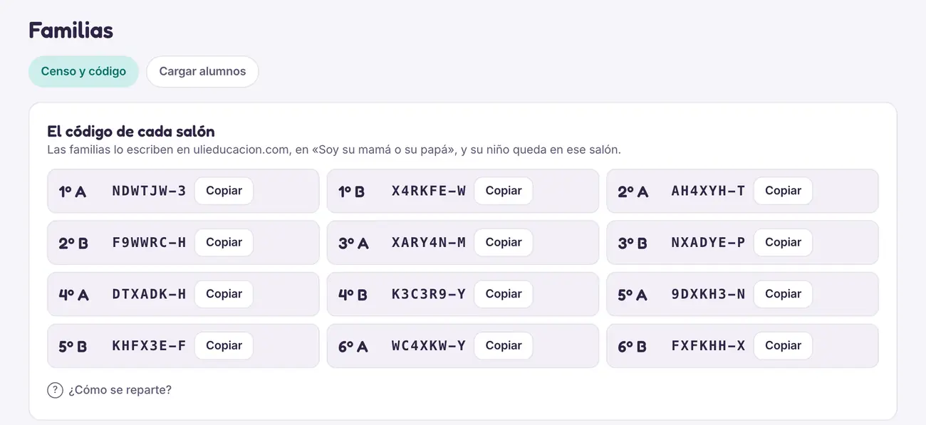 La lista de códigos de salón, cada uno con su botón Copiar.