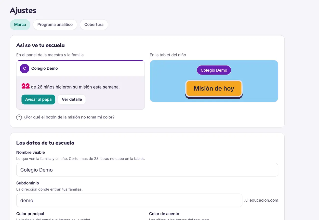 La pantalla Marca, con la vista previa del panel y de la tablet del niño.
