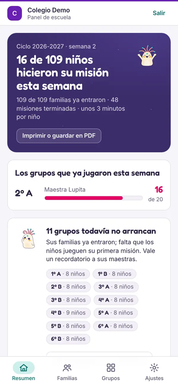 El resumen del panel de escuela en un teléfono, con la barra de secciones abajo.