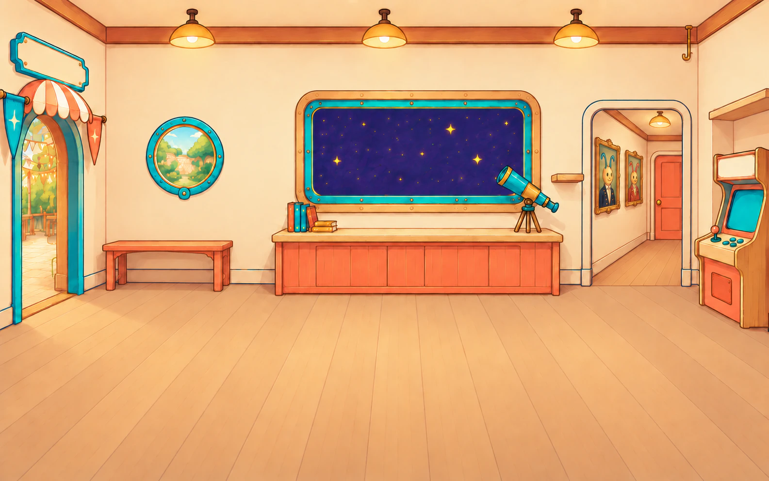 El centro de viajes de la nave de Uli, pintado: el arco de la feria, la escotilla al patio, la ventana grande con estrellas, el pasillo a su cuarto y la maquinita.