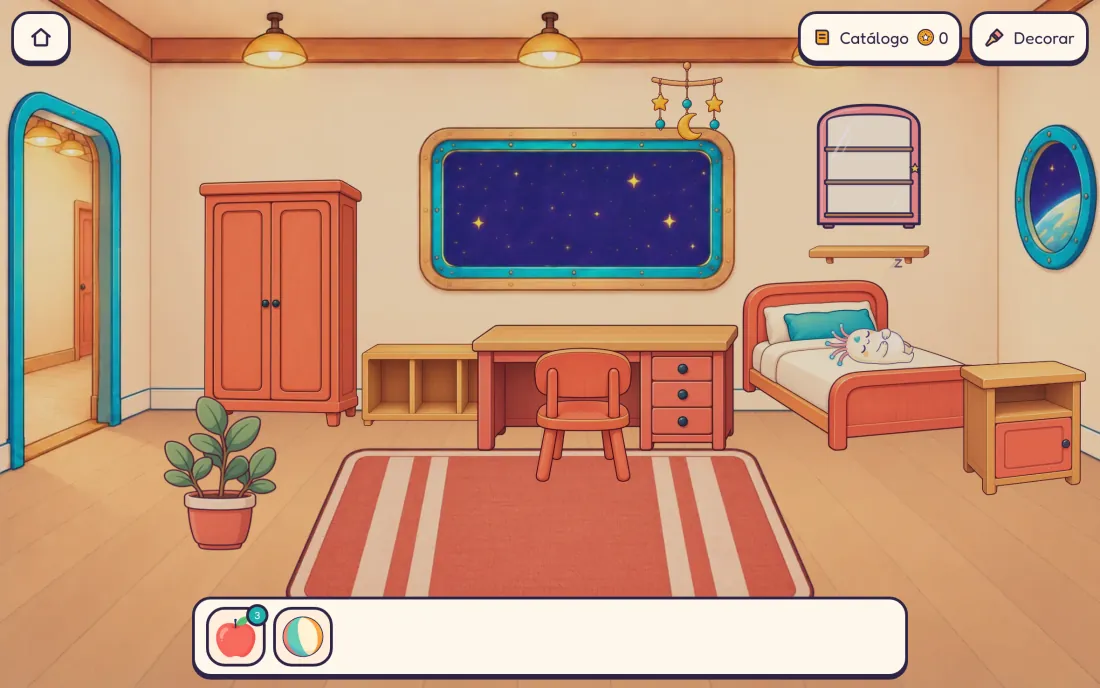 El cuarto de Uli: Uli dormido en su cama, el escritorio con su silla, el ropero, la vitrina en la pared y la ventana con estrellas.