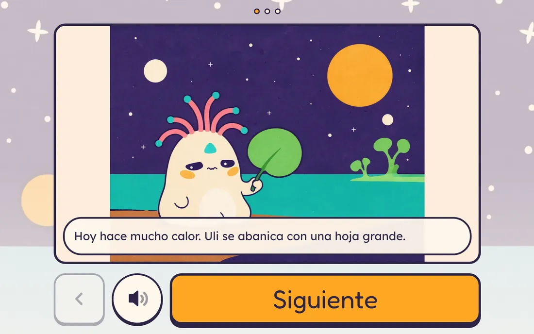 Una viñeta de la historieta de 2º: "Hoy hace mucho calor. Uli se abanica con una hoja grande."
