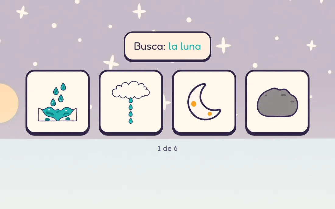 El jueguito "¿Dónde está?": cuatro dibujos del planeta de la semana y la consigna "Busca: la luna".