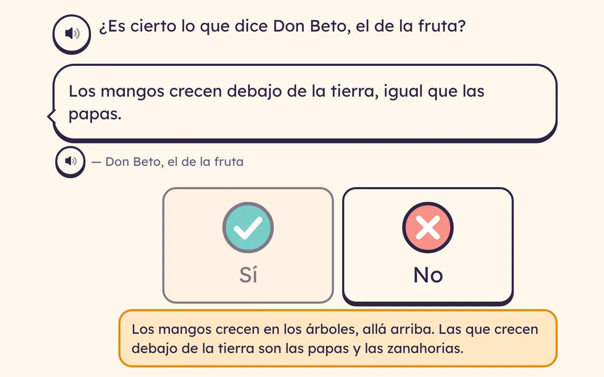 Una pregunta de 2º: "¿Es cierto lo que dice Don Beto, el de la fruta?", con las opciones Sí y No y la explicación después de una respuesta equivocada.