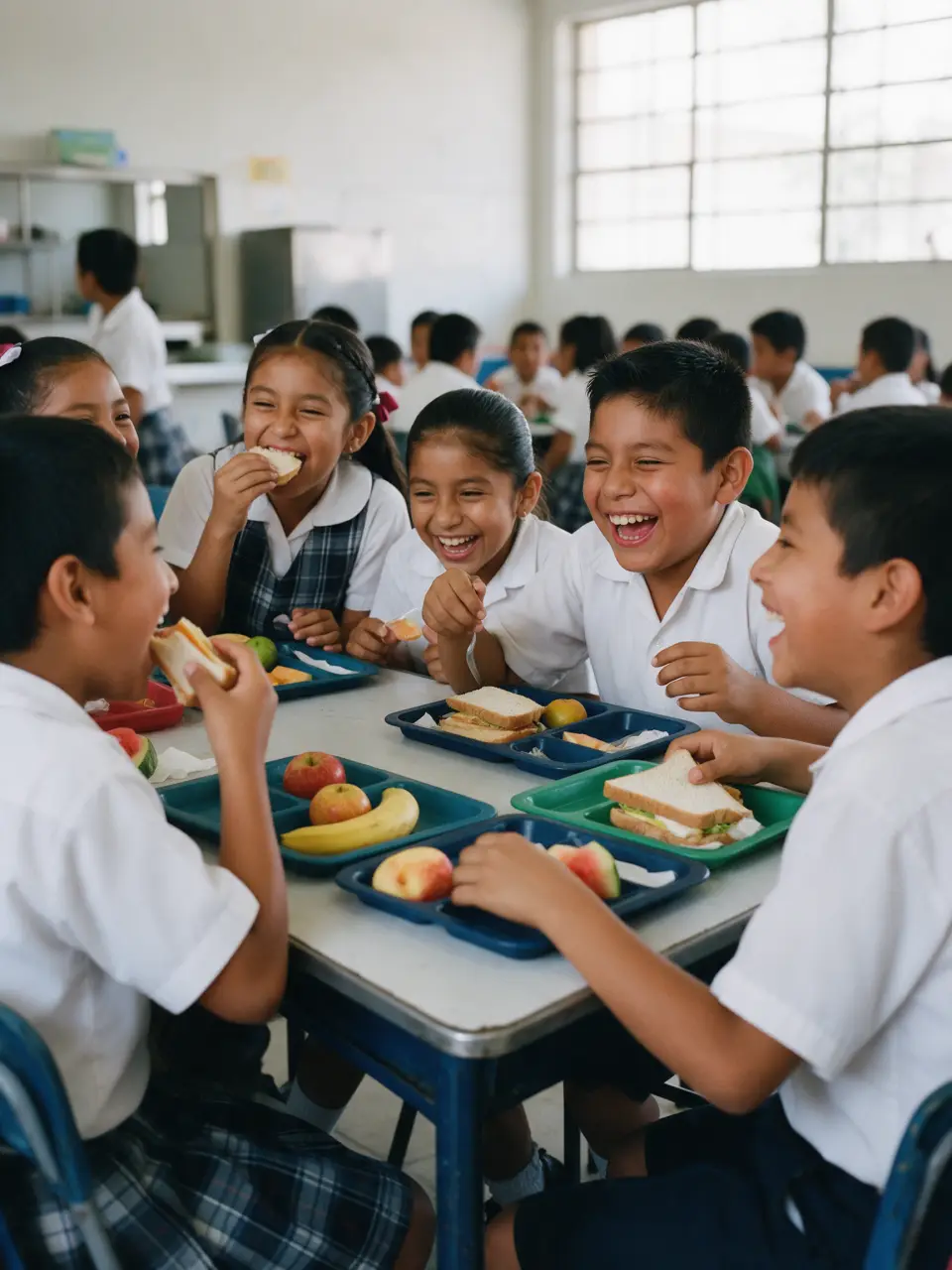 Niños de uniforme comen sándwiches y fruta en una mesa larga de la cafetería, riéndose.