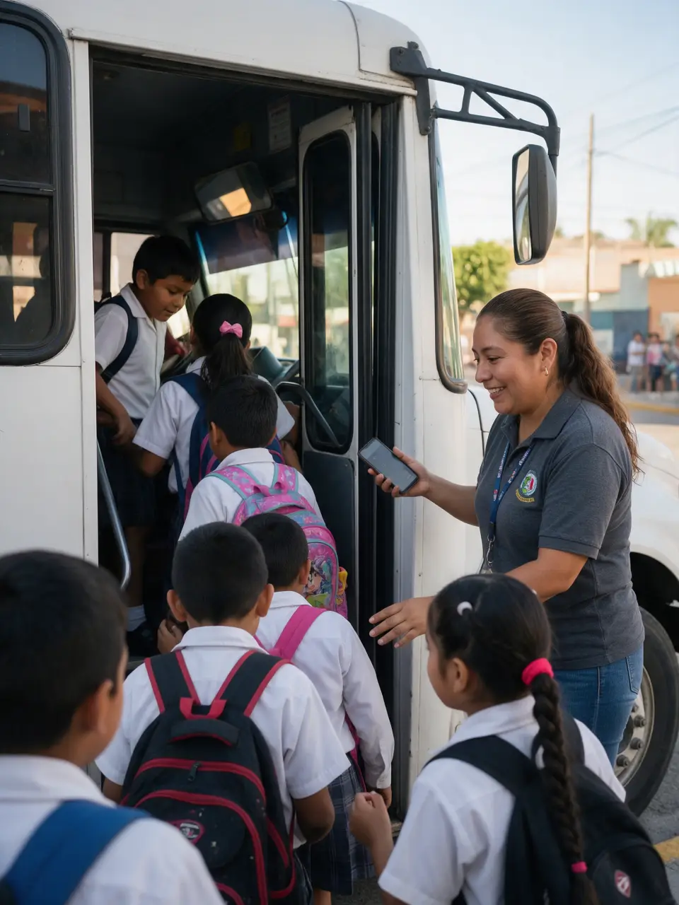Niños con mochila suben al camión escolar mientras una encargada revisa su teléfono.