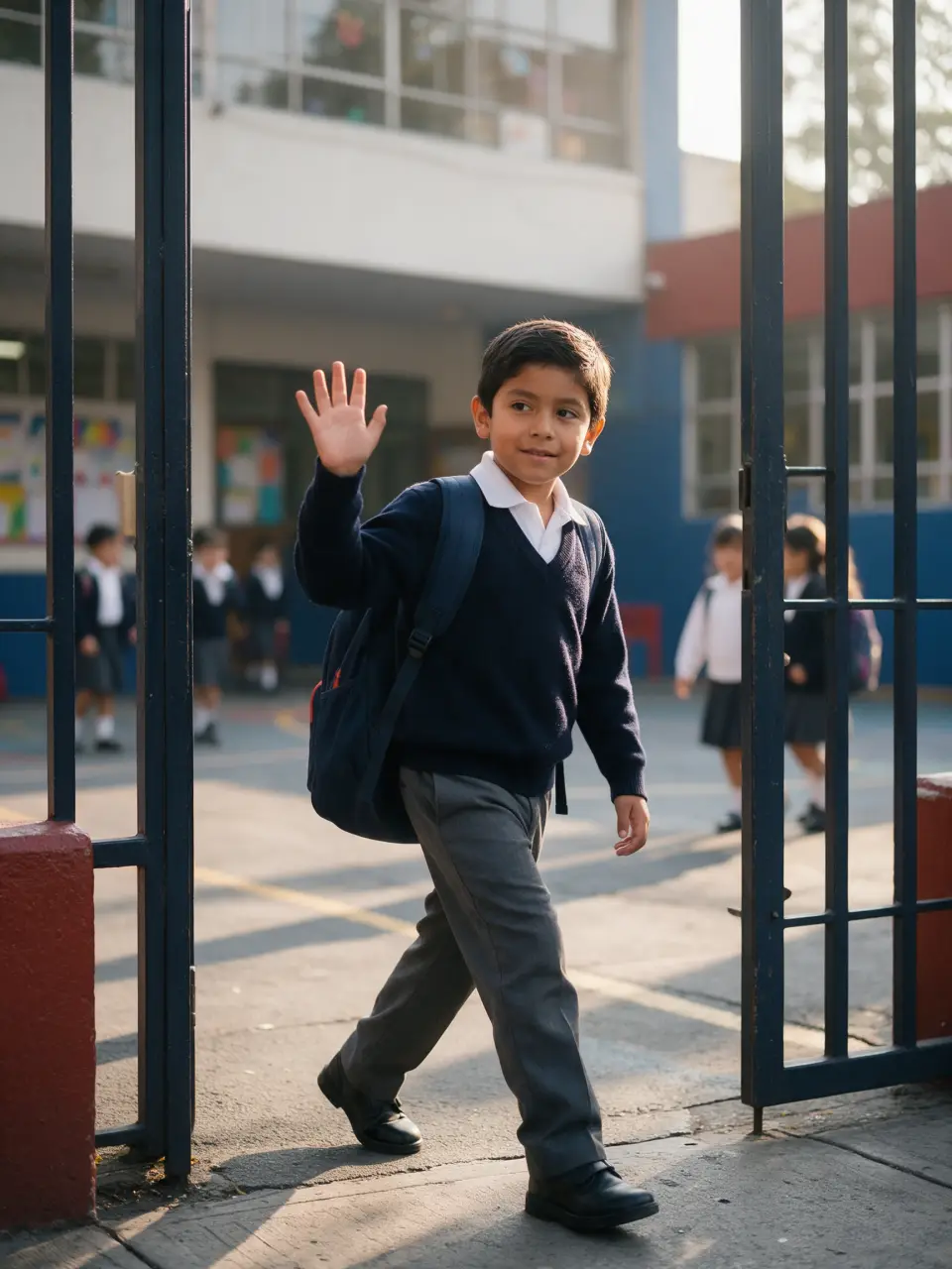 Un niño de uniforme entra por la reja de la escuela y saluda con la mano.