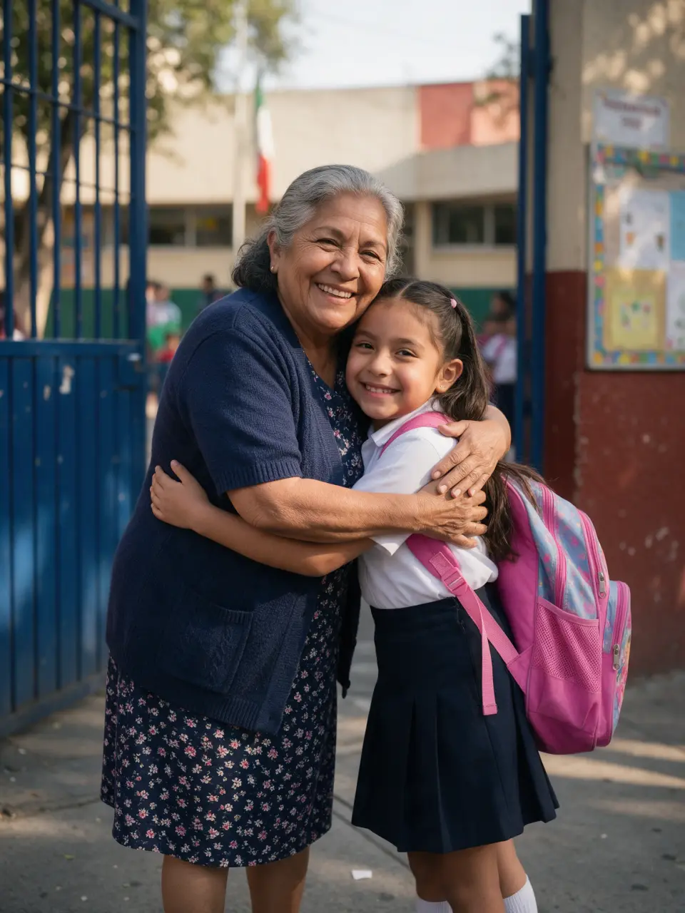 Una abuela abraza a su nieta a la salida, junto a la reja de la escuela.