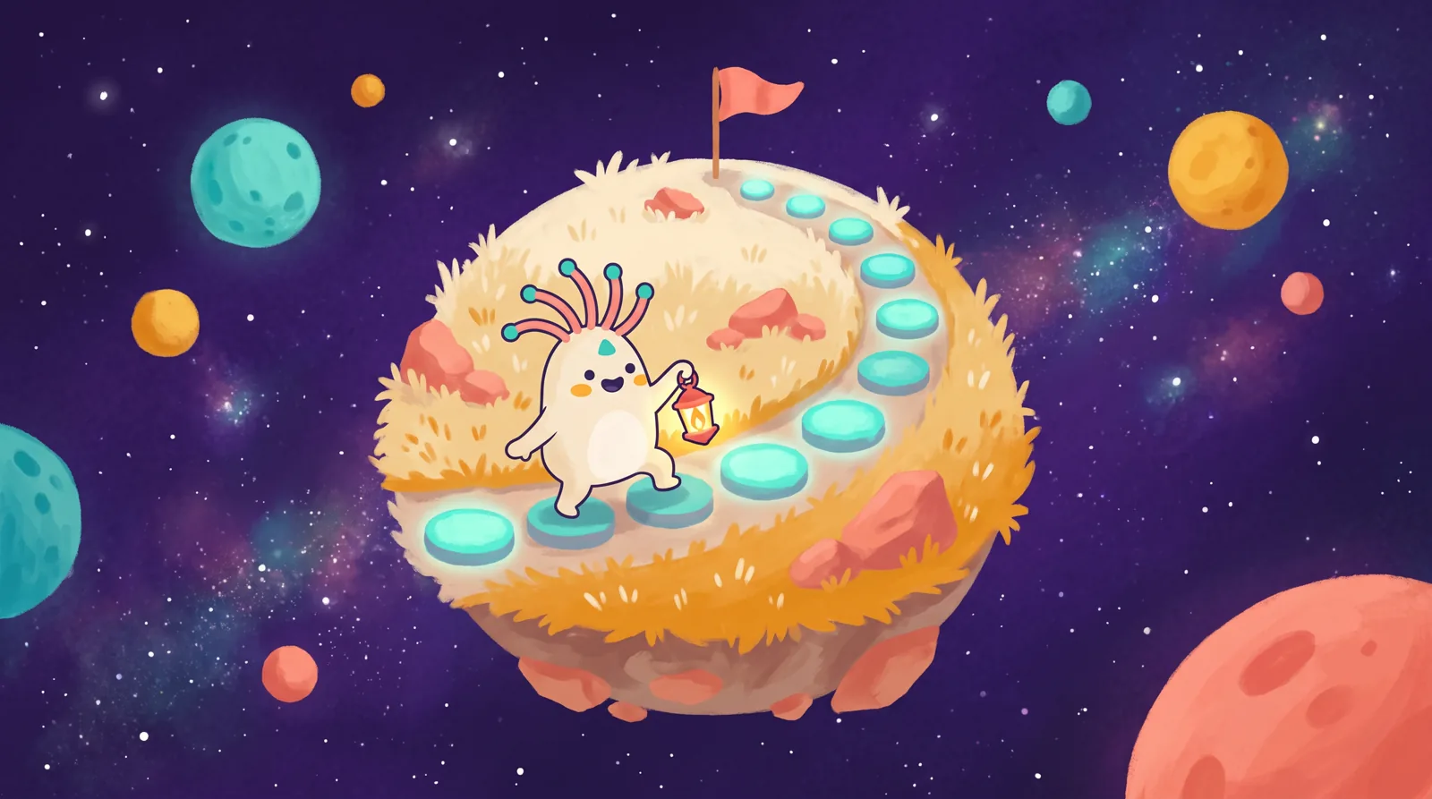 Uli con una linterna sube por un camino en espiral de piedras que brillan, alrededor de una isla que flota, hasta una bandera.