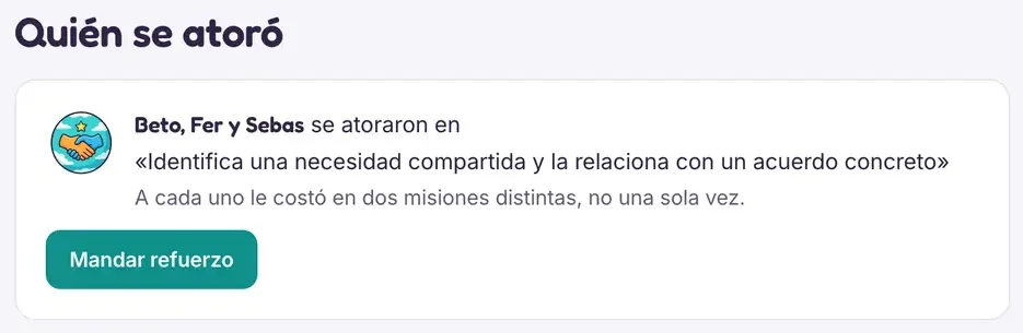 Los niños que se atoraron, en el panel de la maestra de 2º A: Beto, Fer y Sebas, el objetivo que les costó y el botón "Mandar refuerzo".