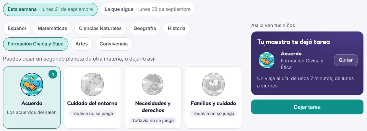 "Tarea y plan" de 2º A: esta semana o la que sigue, las materias, el planeta "Acuerdo" escogido y, a la derecha, cómo lo ven los niños: "Tu maestra te dejó tarea".
